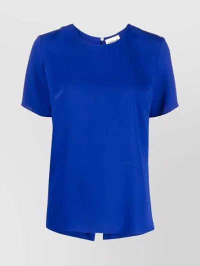 P.a.r.o.s.h Rear Slit Drop Shoulder Keyhole Round Neck Short Sleeve In Blue