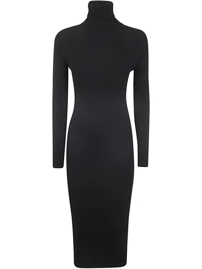 P.a.r.o.s.h Ribbed Turtle Neck Midi Dress With Porthole On Back In Negro