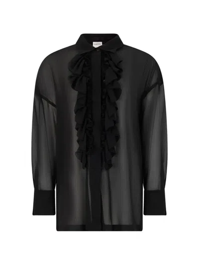 P.a.r.o.s.h Shirt Collar Sheer Top Long Sleeves Ruffled Front In Gray