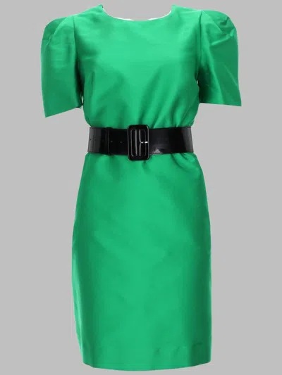 P.a.r.o.s.h Structured Satin Mini Dress With Belted Waist And Puff Sleeves In Green