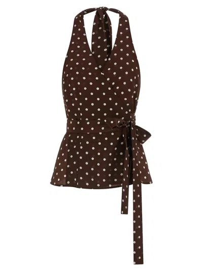 P.a.r.o.s.h Halterneck Wrap Top Tie Waist Polka Dots In Brown