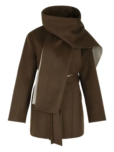 P.a.r.o.s.h Scarf-detail Belted Coat In Brown
