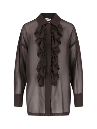 P.a.r.o.s.h Semi-transparent Brown Blouse With Front Ruffles In Black