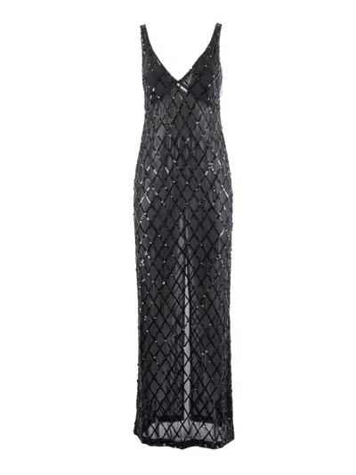 P.A.R.O.S.H SEQUINED BLACK EVENING DRESS WITH DEEP V-NECKLINE