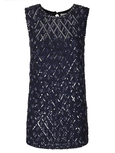 P.A.R.O.S.H SEQUINED BLUE MINI DRESS WITH ROUND NECKLINE