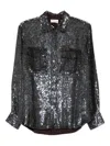 P.a.r.o.s.h Sequined Black Shirt With Classic Collar And Flap Pockets In Brown