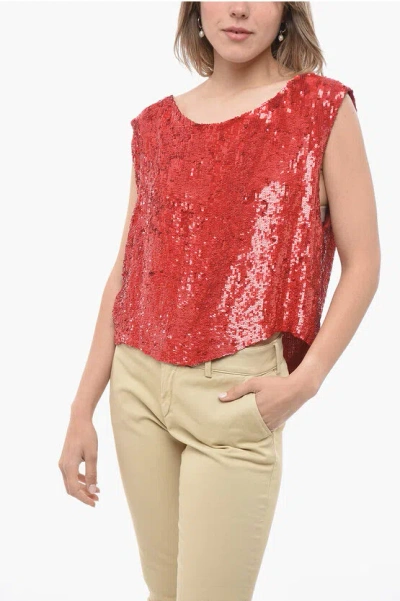 P.a.r.o.s.h Sequined Tank Top With Deep Neckline In Red