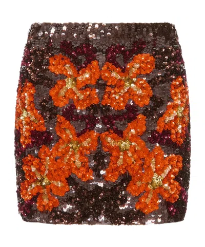 P.a.r.o.s.h Sequin-embellished Floral Print Mini Skirt In Dark Brown