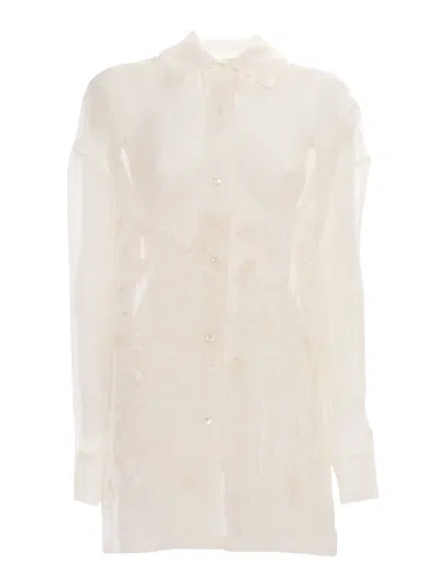 P.a.r.o.s.h Sheer Silk Shirt With Floral Embroidery In Beige