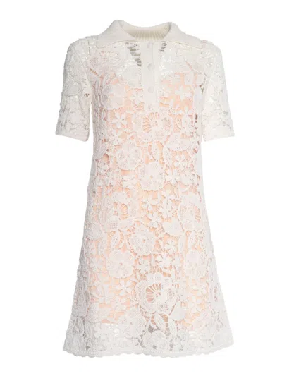P.a.r.o.s.h Short Sleeve Lace Overlay Dress With Polo Collar In Neutral