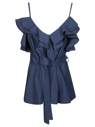 P.a.r.o.s.h Sleeveless Deep V Neck Ruffled Top In Blue