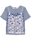 P.a.r.o.s.h Floral Embroidered Sheer Overlay Blouse With Keyhole In Blue