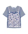 P.a.r.o.s.h Floral Embroidered Sheer Overlay Blouse With Keyhole In Navy