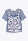 P.a.r.o.s.h Floral Embroidered Sheer Overlay Blouse With Keyhole In Blue