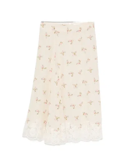 P.a.r.o.s.h Spano Floral-print Lace-trim Midi Skirt In Neutral