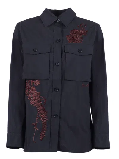 P.a.r.o.s.h Structured Black Floral Embroidered Shirt In Blue
