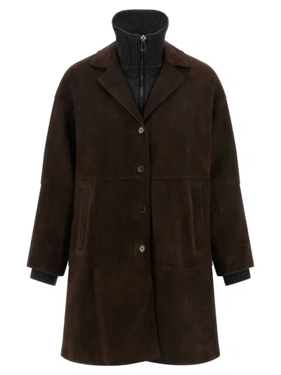 P.A.R.O.S.H SUEDE COAT WITH KNIT INSERT AND FRONT BUTTON CLOSURE