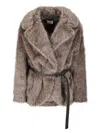 P.a.r.o.s.h Synthetic Fur Jacket With Adjustable Buckle Belt And Lapel Collar In Brown