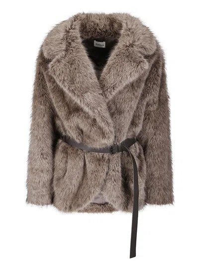 P.a.r.o.s.h Synthetic Fur Jacket With Adjustable Buckle Belt And Lapel Collar In Brown