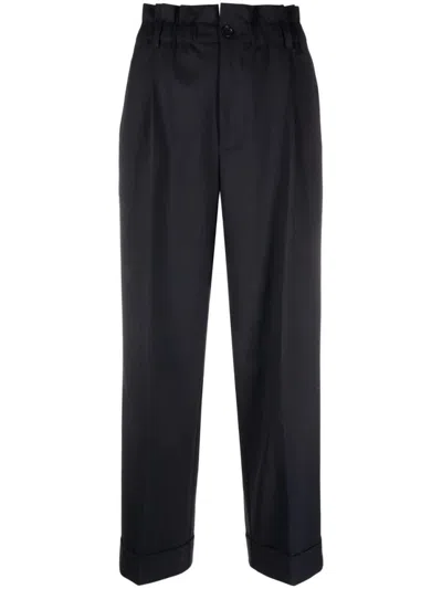 P.a.r.o.s.h Tailored Blue Straight Pants With Gathered Waistband In Black