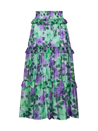 P.a.r.o.s.h Tiered Floral Silk Maxi Skirt In Green