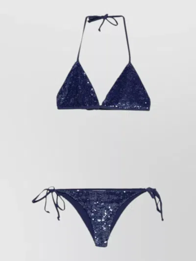 P.a.r.o.s.h Triangle Halter Bikini Sequin Low Rise Set In Blue
