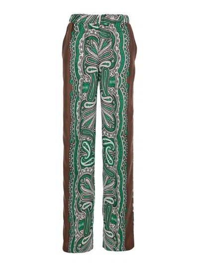 P.a.r.o.s.h Green Trousers With Contrasting Side Band And All-over Foulard Print In Silk Woman In Multi