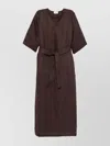 P.a.r.o.s.h V-neck Maxi Length Dress With Waist Tie In Brown