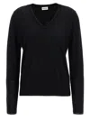 P.A.R.O.S.H BLACK PULLOVER WITH V NECKLINE AND RIBBED TRIM IN WOOL AND SILK BLEND WOMAN