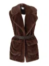 P.a.r.o.s.h Parosh Sleeveless Faux Fur Vest With Matching Belt And Flap Pockets In Brown