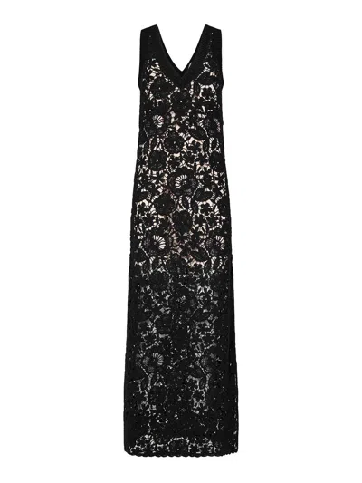 P.A.R.O.S.H LONG BLACK COTTON CROCHET FLORAL LACE DRESS W