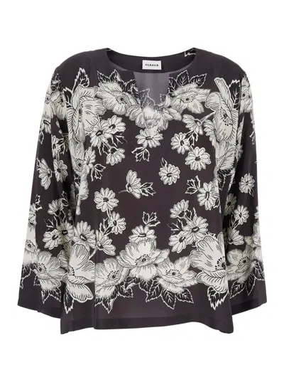 P.A.R.O.S.H WHITE AND BLACK BLOUSE WITH V-NECK AND ALL-OVER FLORAL PATTERN