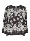P.a.r.o.s.h White And Black Blouse With V-neck And All-over Floral Pattern In Silk Woman In Black