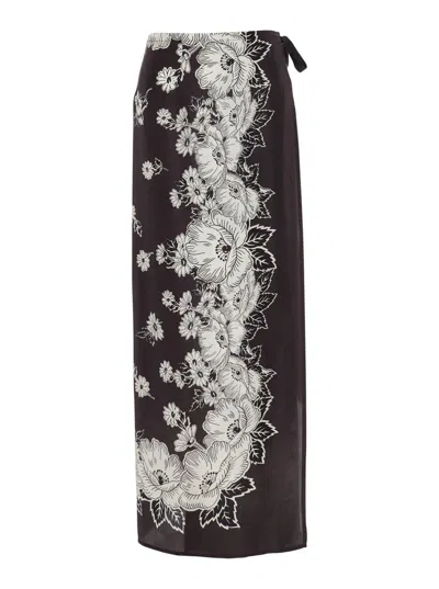 P.A.R.O.S.H WHITE AND BLACK SKIRT WITH SIDE CLOSURE AND ALL-OVER FLORAL PRINTED PATTERN IN SILK WOMAN