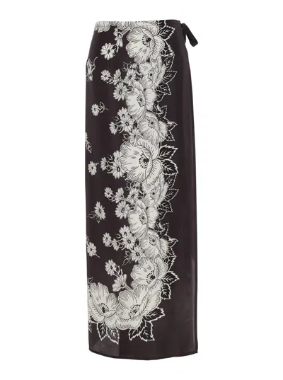 P.a.r.o.s.h White And Black Skirt With Side Closure And All-over Floral Printed Pattern In Silk Woman In Multicolor