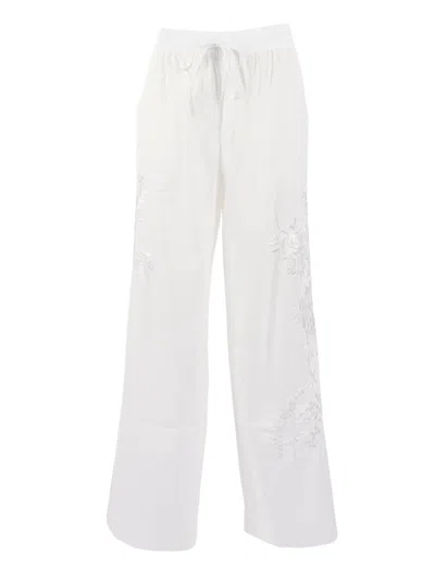 P.a.r.o.s.h Wide Leg Embroidered Drawstring Straight-leg Pants In White