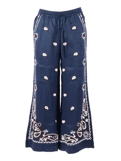 P.a.r.o.s.h Wide Leg Embroidered Linen Straight-leg Pants In Blue