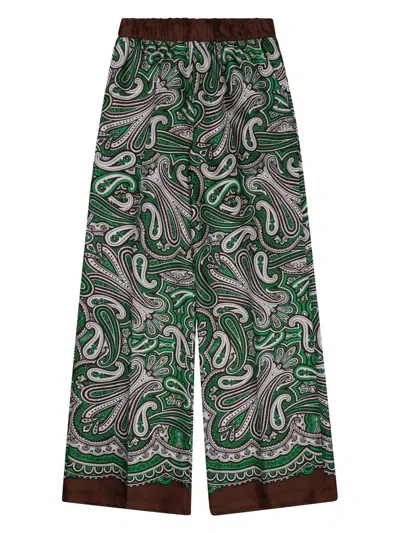 P.a.r.o.s.h Wide-leg Silk Trousers With Paisley Pattern And Elastic Waistband In Green