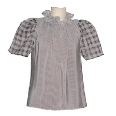 Parron Allen Women's Black / Neutrals / White Silk Stripe & Plaid Lotus Top In Black/white