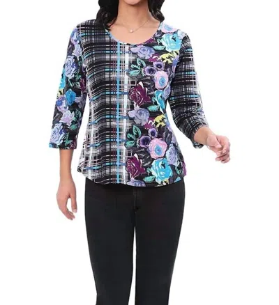 Parsley & Sage Cotton French Terry Plaid Top In Turquoise In Multi