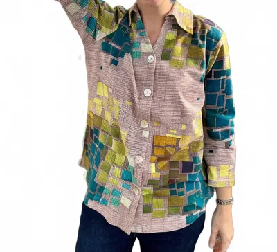 Parsley & Sage Irene Printed Button Down Shirt In Blue Multi