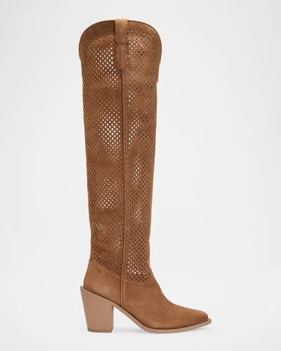 Partlow Aleene Perforated Suede Knee-high Cowboy Boots In Brown