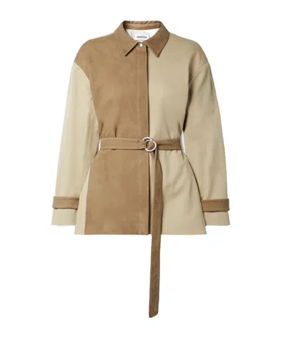 Partow Belted Paneled Nubuck And Cotton-twill Jacket In Brown