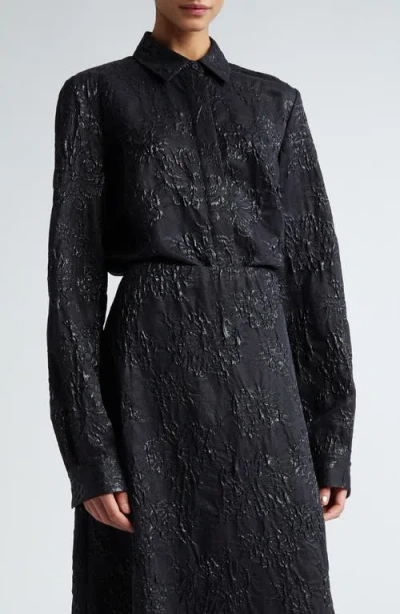Partow Jada Floral Textured Silk Blend Button-up Shirt In Black