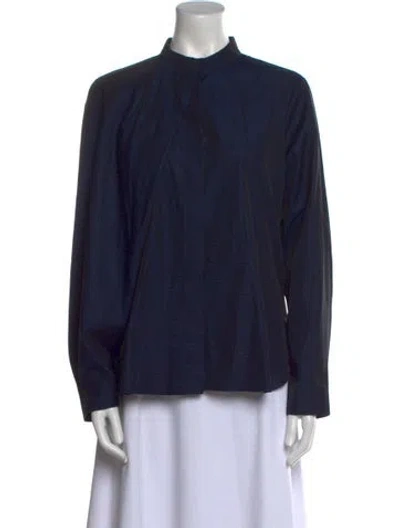 Pre-owned Partow Mock Neck Long Sleeve Button-up Top In Blue