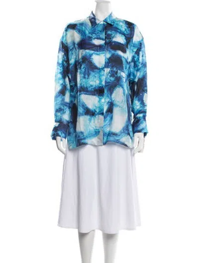 Pre-owned Partow Printed Long Sleeve Button-up Top W/ Tags In Blue