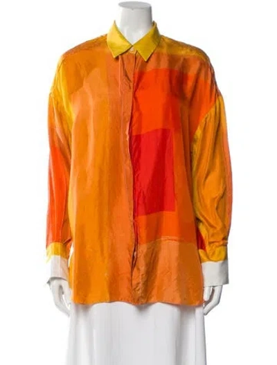 Pre-owned Partow Silk Colorblock Pattern Blouse In Orange