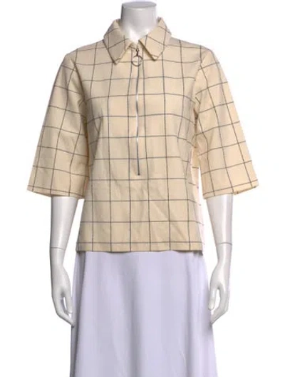 Pre-owned Partow Virgin Wool Plaid Print Top In Neutral