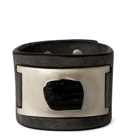 Parts Of Four Leather, Acid Treated Silver-plated Brass And Schorl Amulet Cuff In Grey