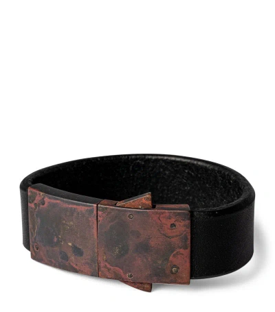 Parts Of Four Leather And Burned Brass Box Lock Bracelet In Black